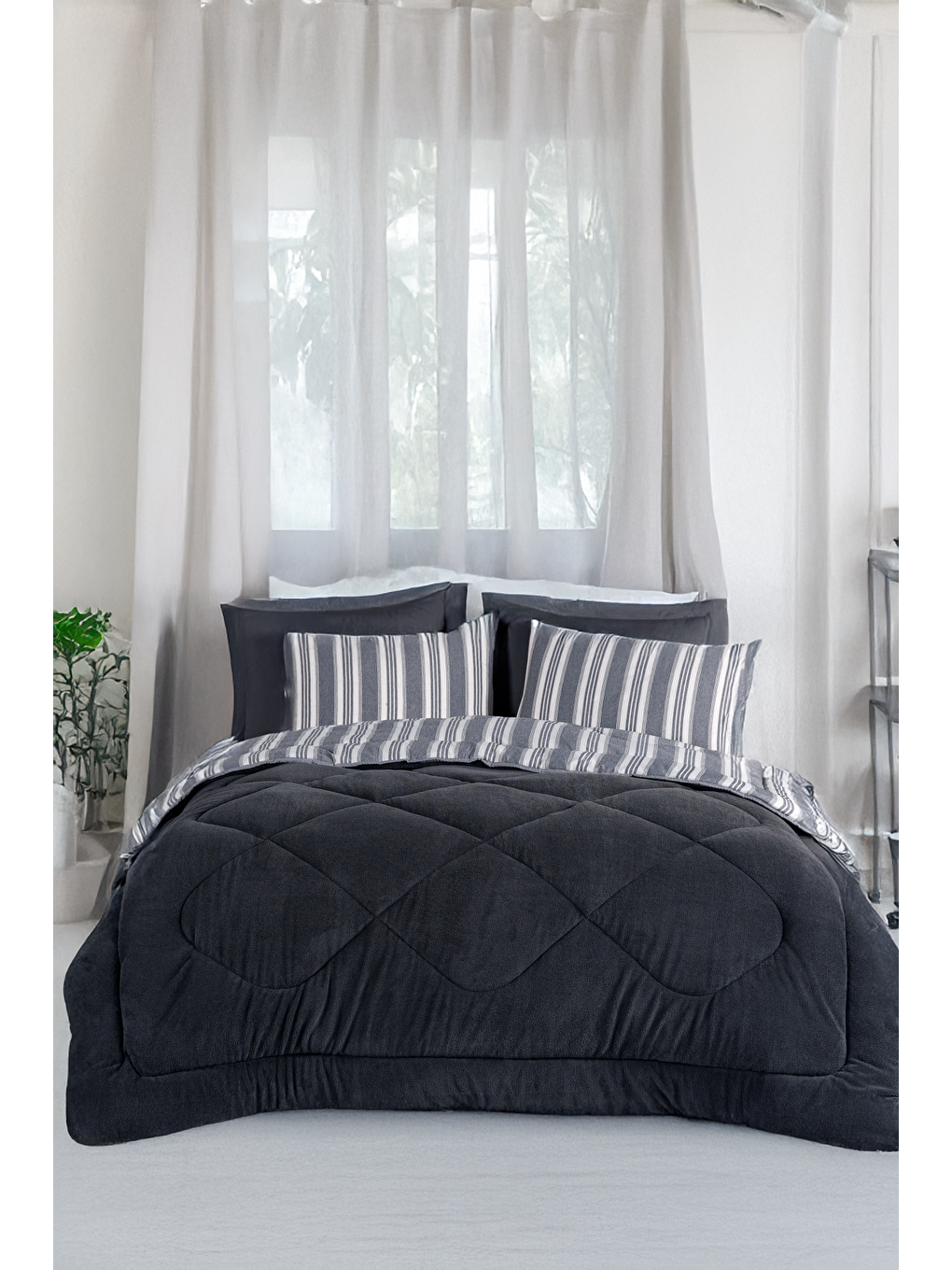 UPSTYLE Comfort Set Yeni Nesil Wellsoft Yorganlı 3 Parça Çift Kişilik Soft Line Antrasit