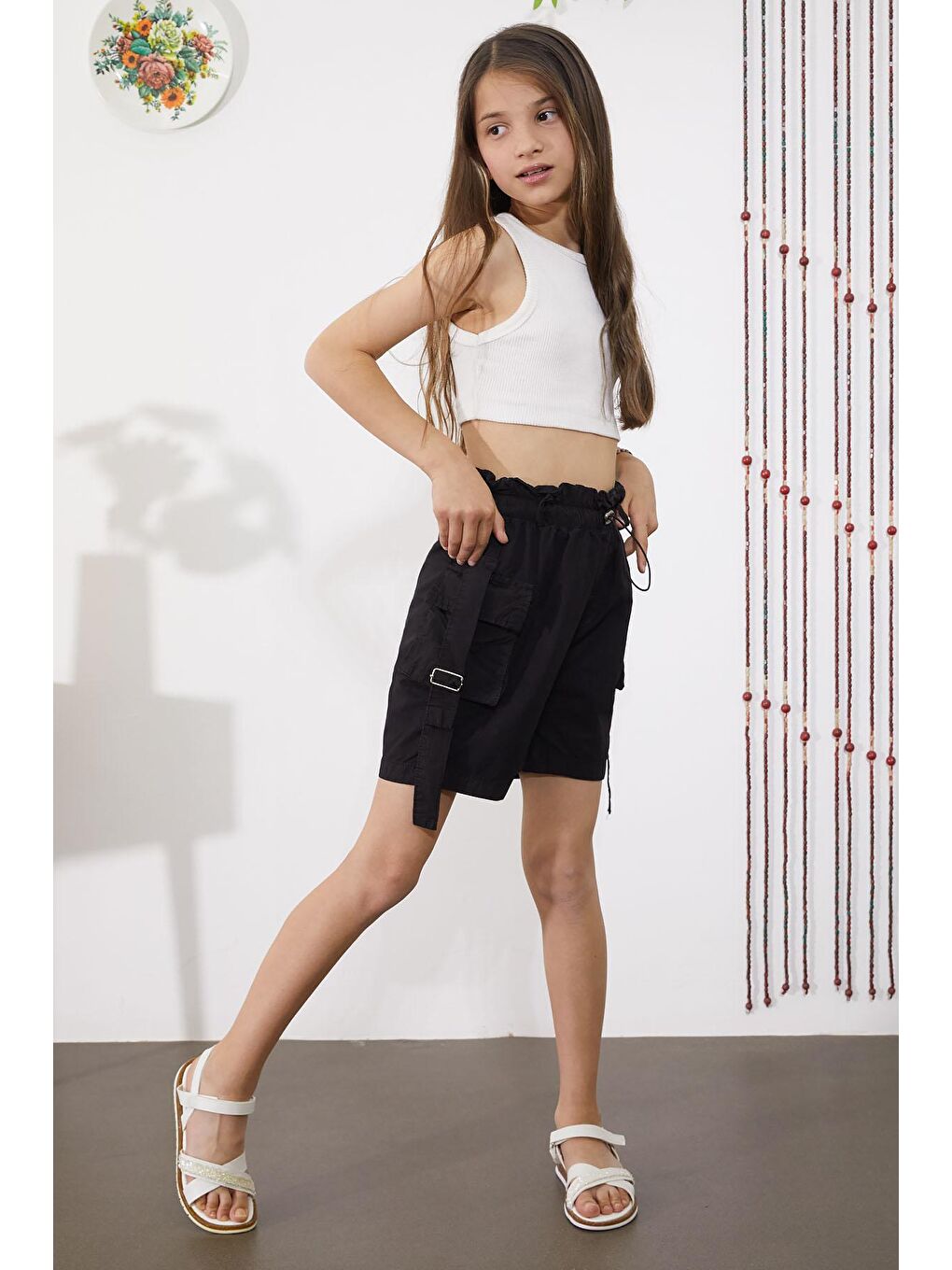 Siyah Kargo Cepli Beli Lastikli Kız Paraşüt Şort 18857
