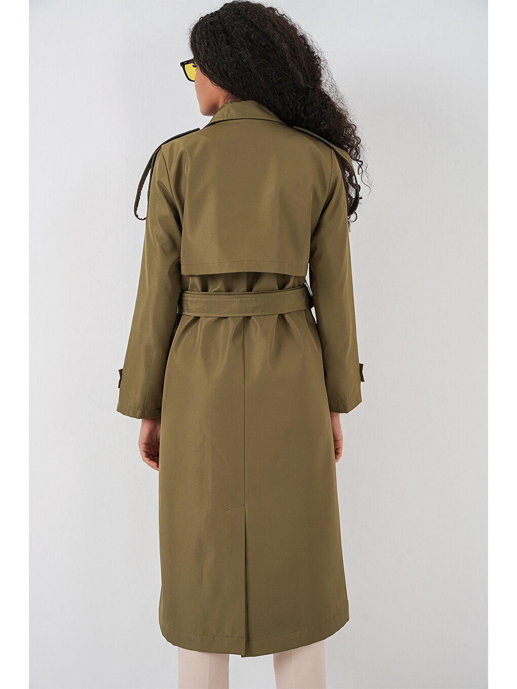 5941 Kruvaze Yaka Uzun Trençkot - Haki-5