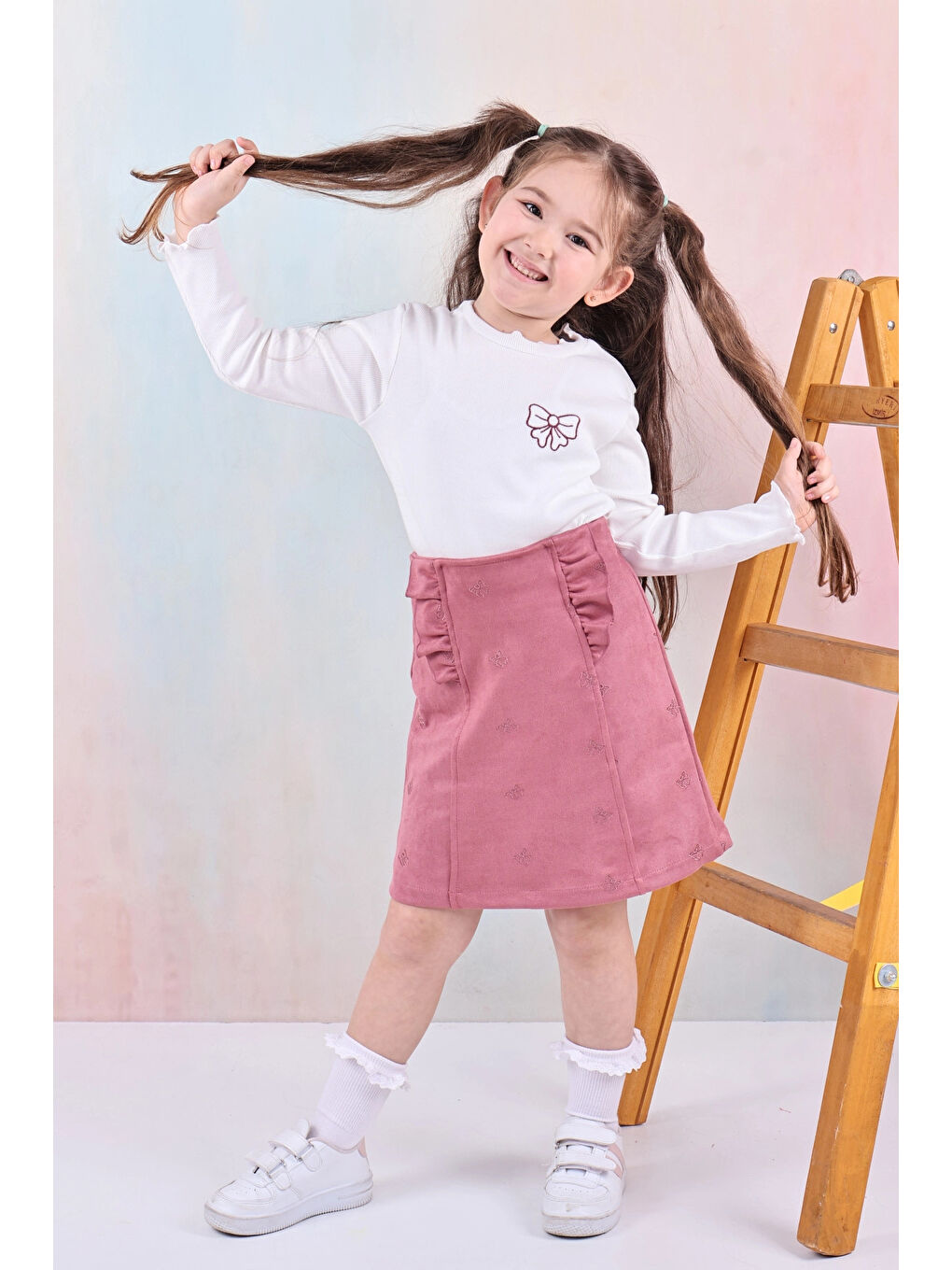 Pembe Fiyonk Nakışlı Kız Çocuk Etekli Takım 50652-1