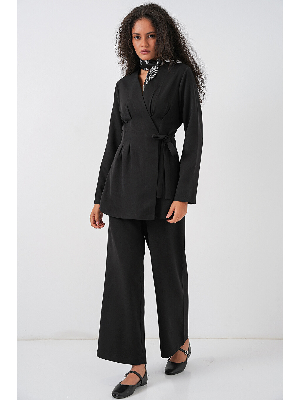 Kadın Kimono Pantolon Kumaş Takım 30054 - Siyah-1