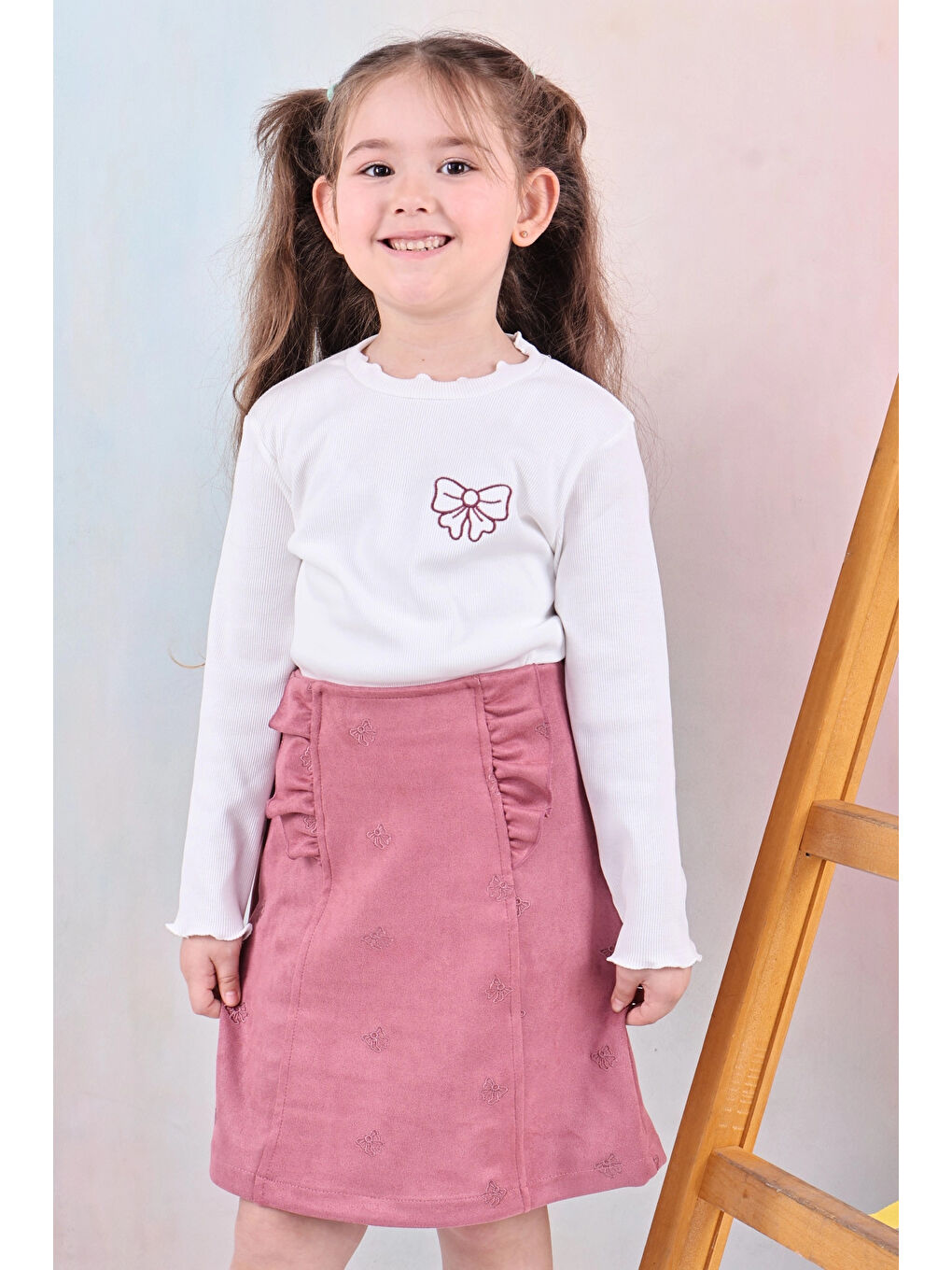 Pembe Fiyonk Nakışlı Kız Çocuk Etekli Takım 50652-2