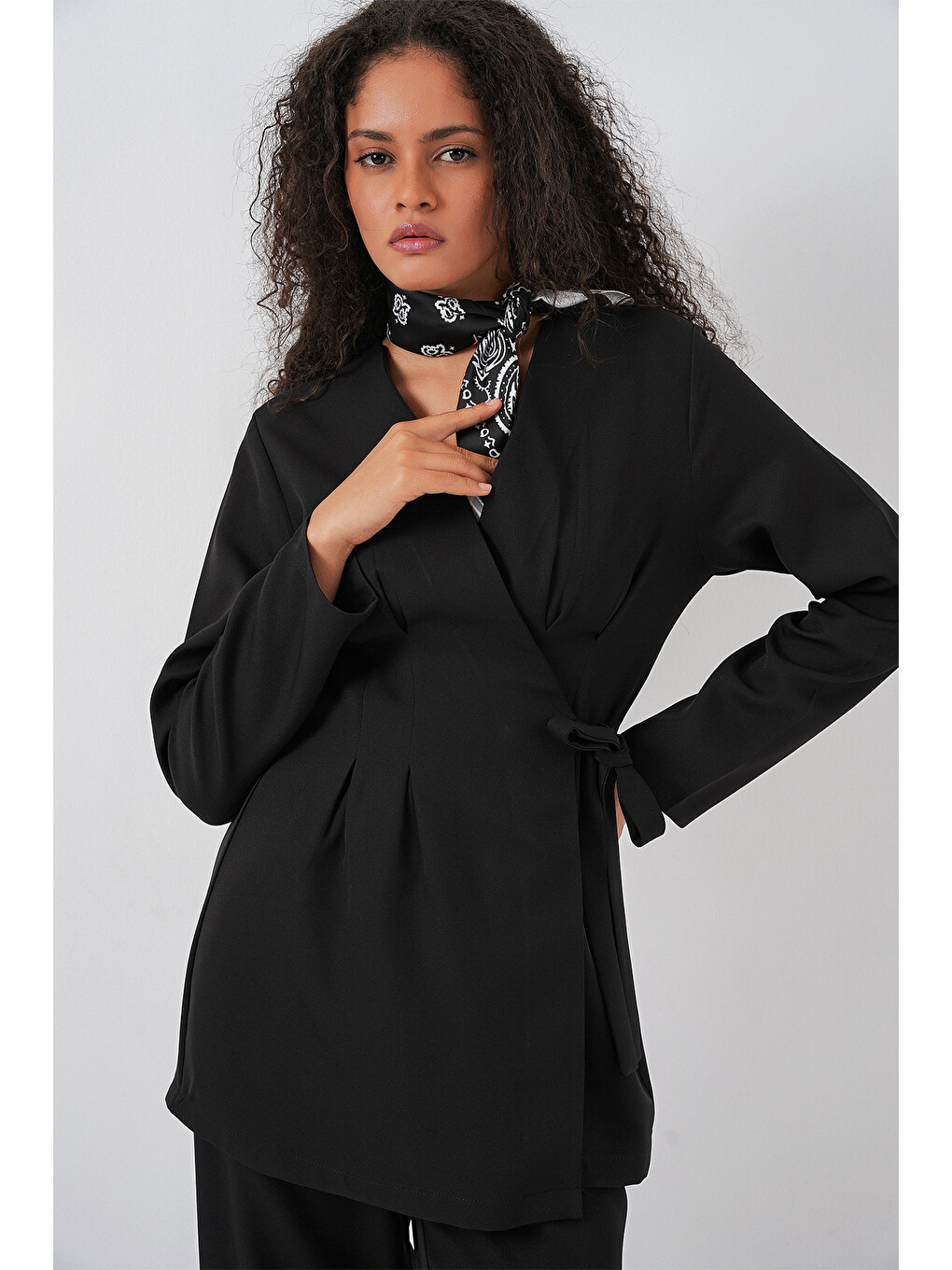Kadın Kimono Pantolon Kumaş Takım 30054 - Siyah-2