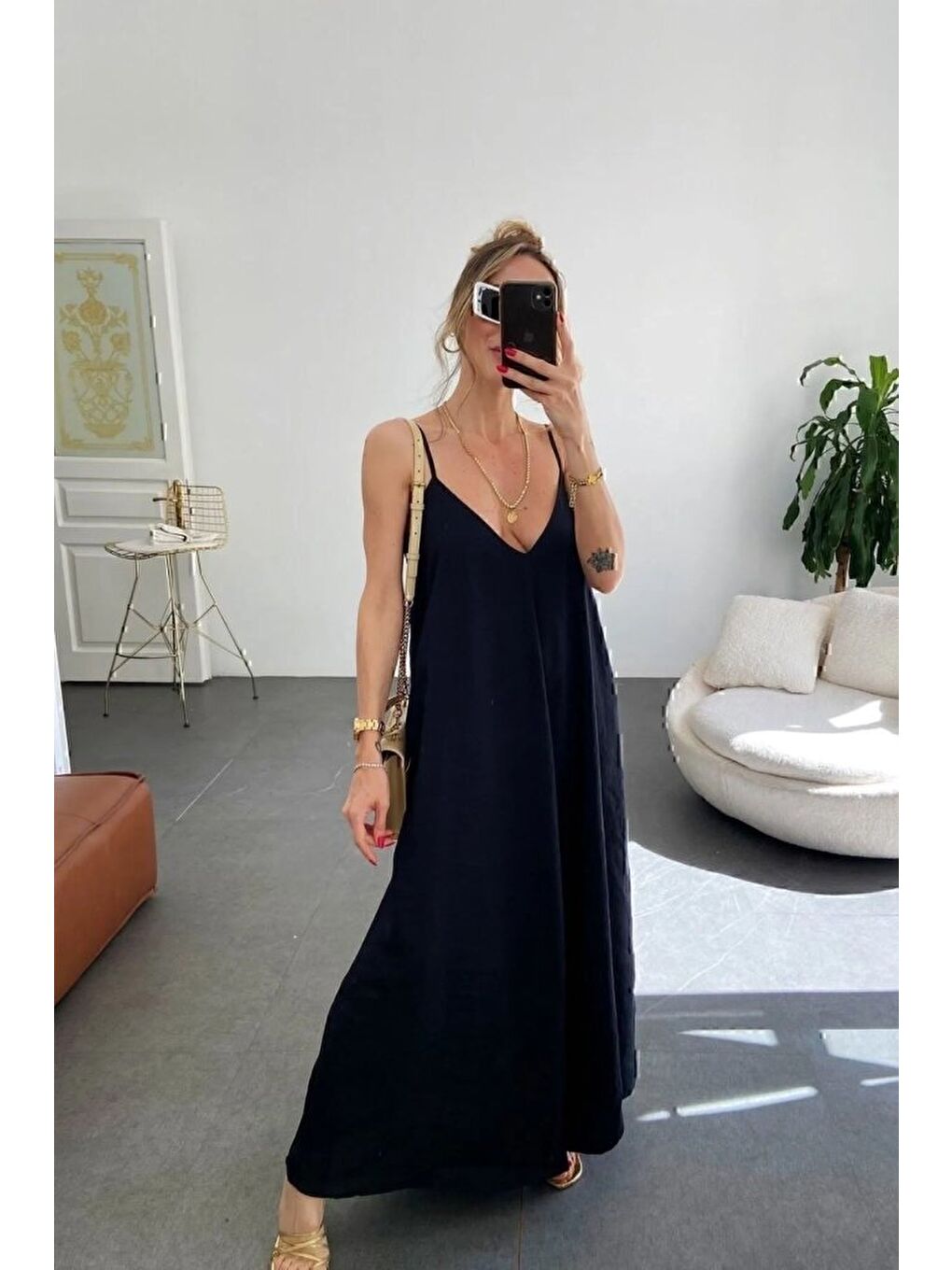 Siyah Kadın Ip Askılı V Yakalı Uzun Aerobin Elbise