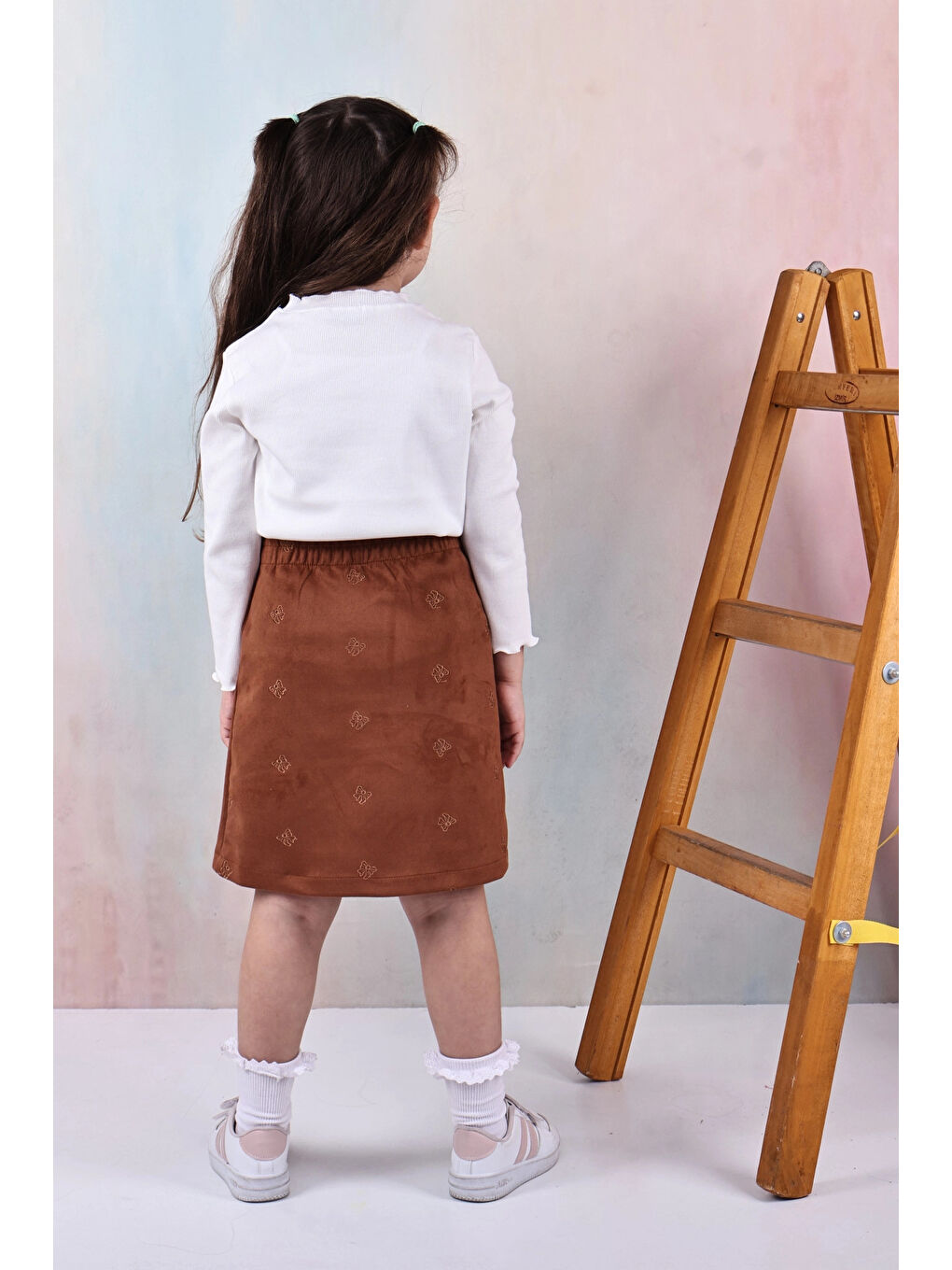 Kahverengi Fiyonk Nakışlı Kız Çocuk Etekli Takım 50652-3