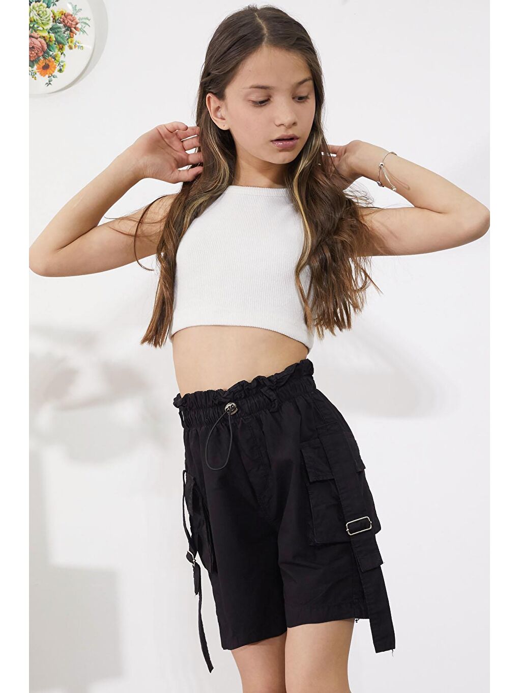 Siyah Kargo Cepli Beli Lastikli Kız Paraşüt Şort 18857-3