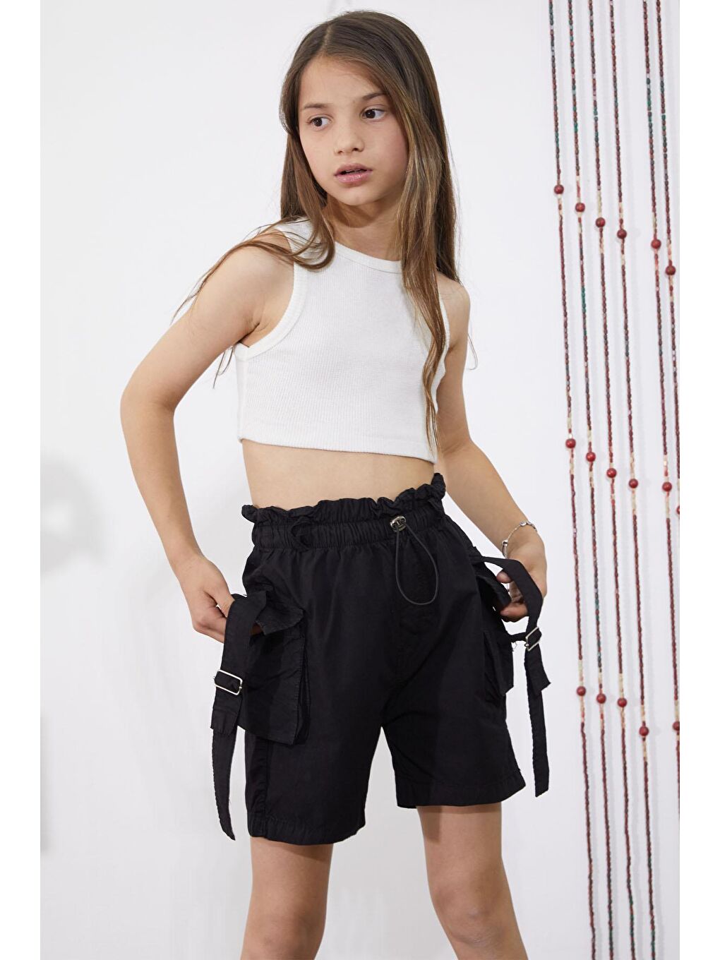 Siyah Kargo Cepli Beli Lastikli Kız Paraşüt Şort 18857-4