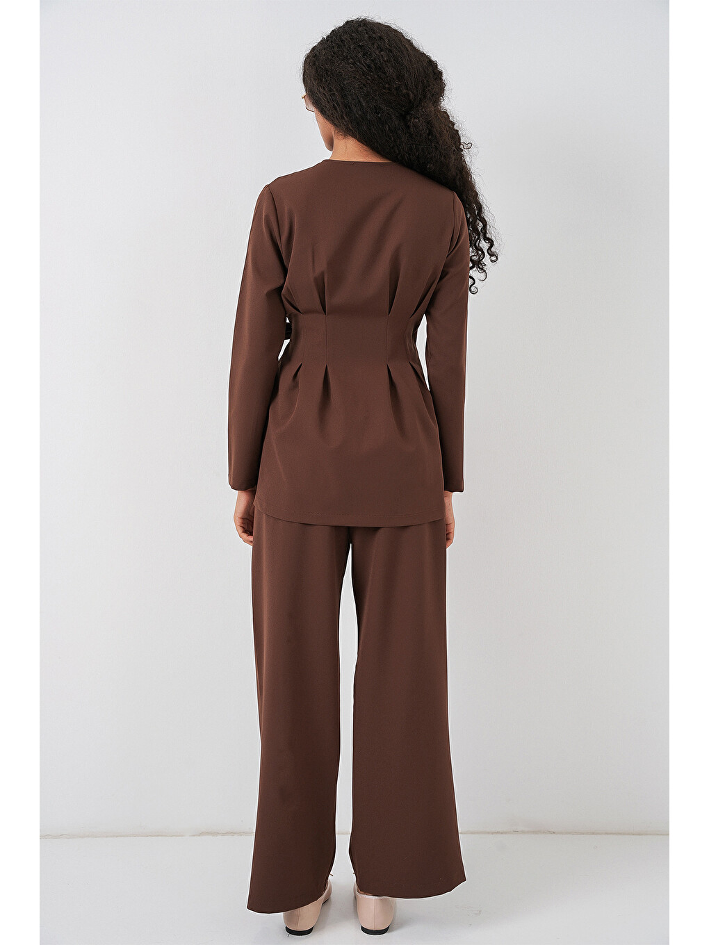 Kadın Kimono Pantolon Kumaş Takım 30054 - Kahverengi-4