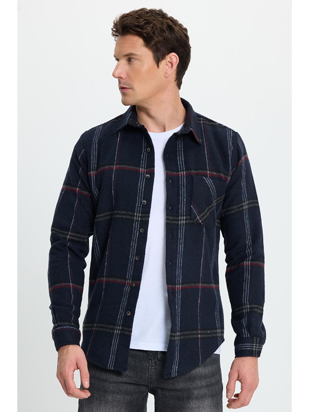 Karışık Erkek Slim Fit Dar Kesim Kareli Cepli Siyah Oduncu Gömlek-3