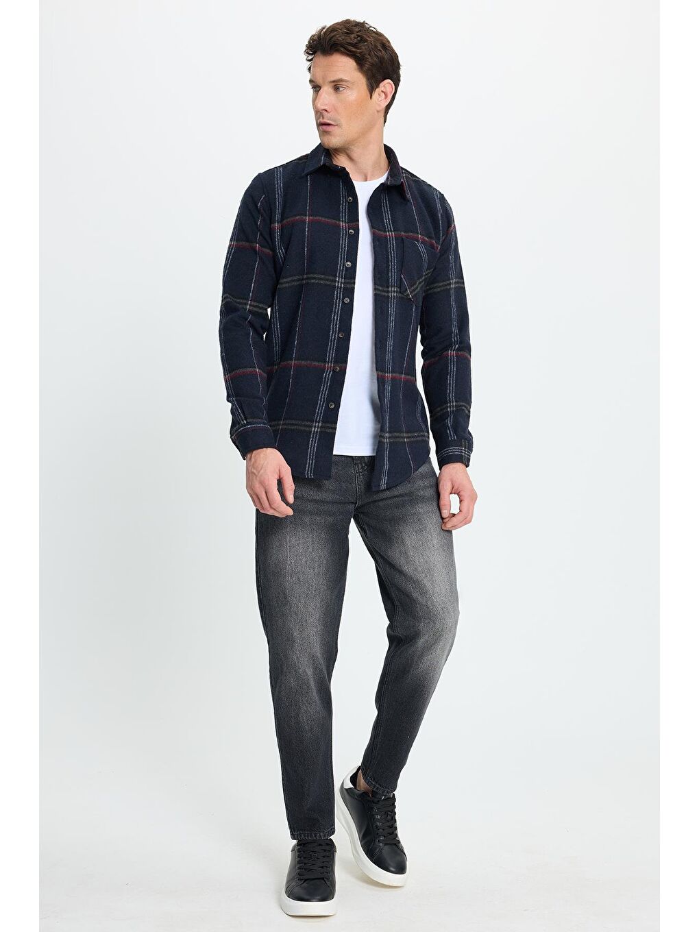 Karışık Erkek Slim Fit Dar Kesim Kareli Cepli Siyah Oduncu Gömlek-4