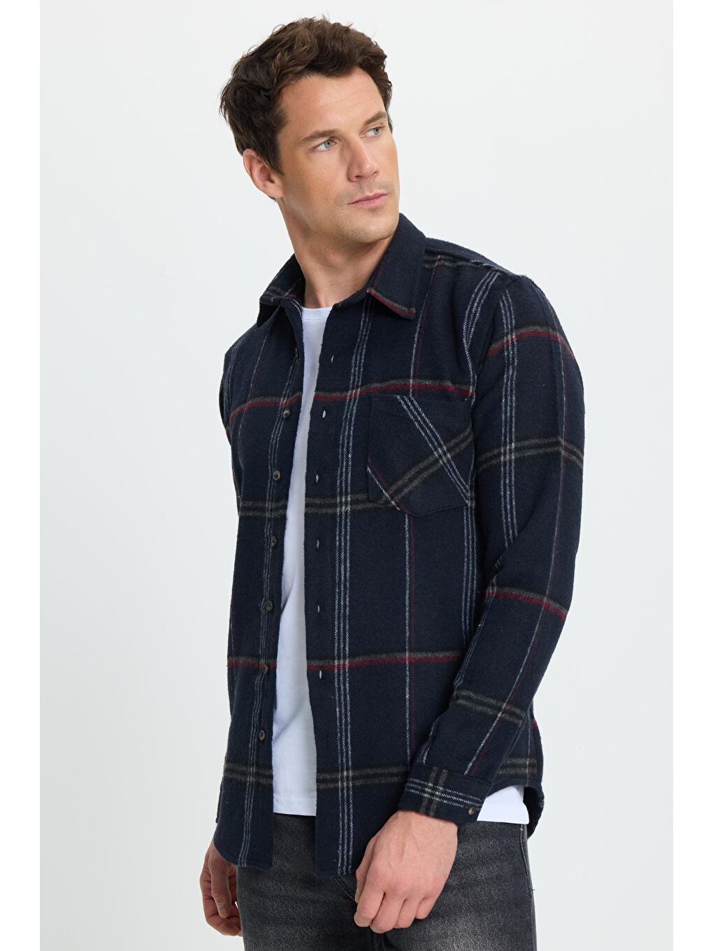 Karışık Erkek Slim Fit Dar Kesim Kareli Cepli Siyah Oduncu Gömlek-5