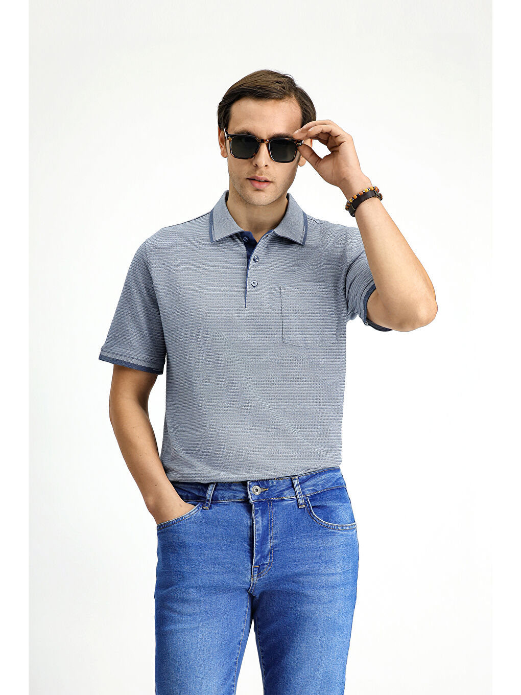 Lacivert Regular Fit Desenli Elastanlı Cepli Polo Yaka Tişört