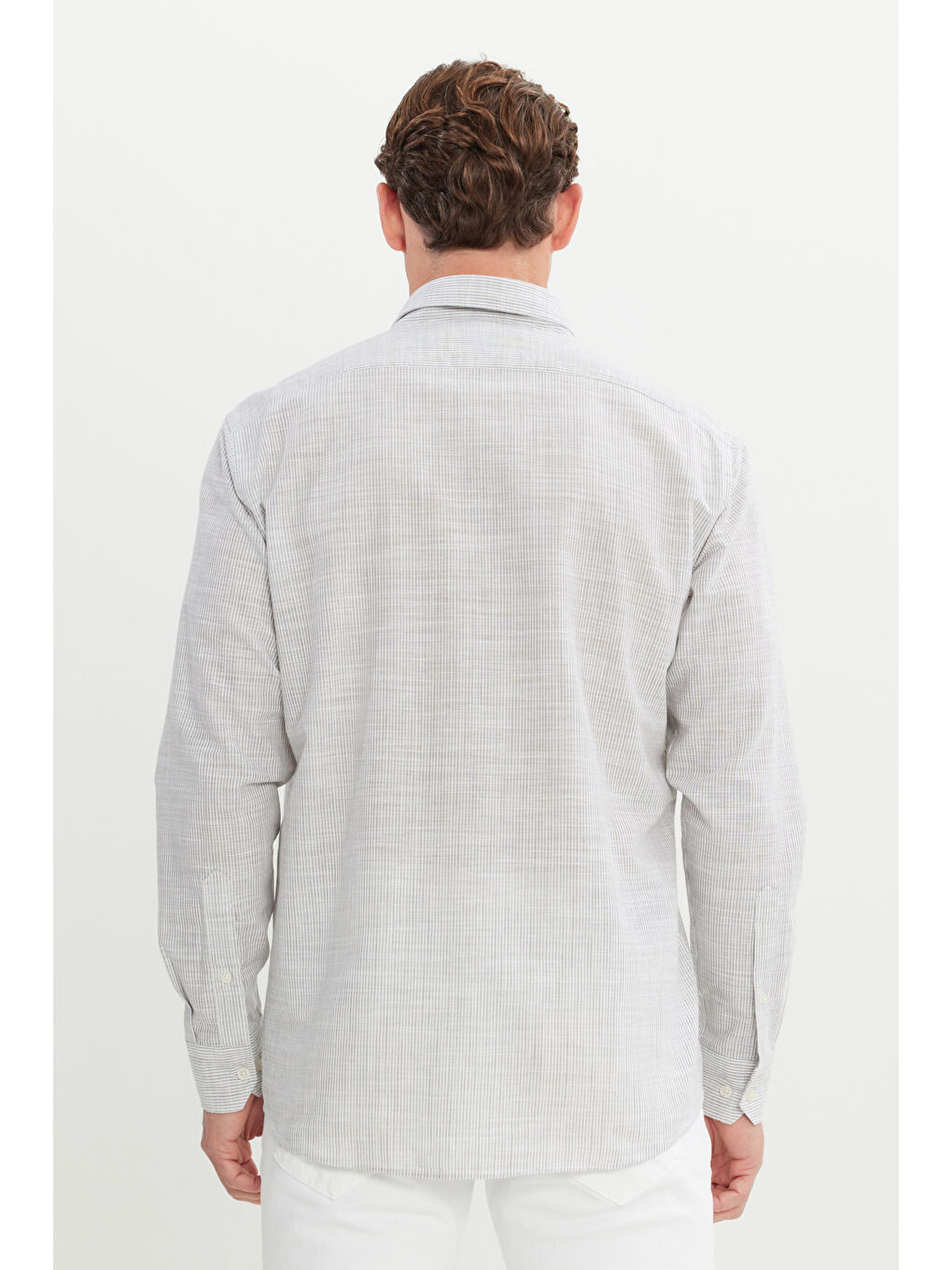 Erkek Gri %100 Pamuk Comfort Fit Rahat Kesim Düğmeli Yaka Çizgili Gömlek-4