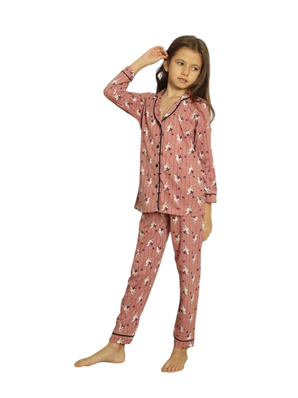 Pembe Kız Çocuk Boydan Düğmeli Uzun Kol Pijama Takım
