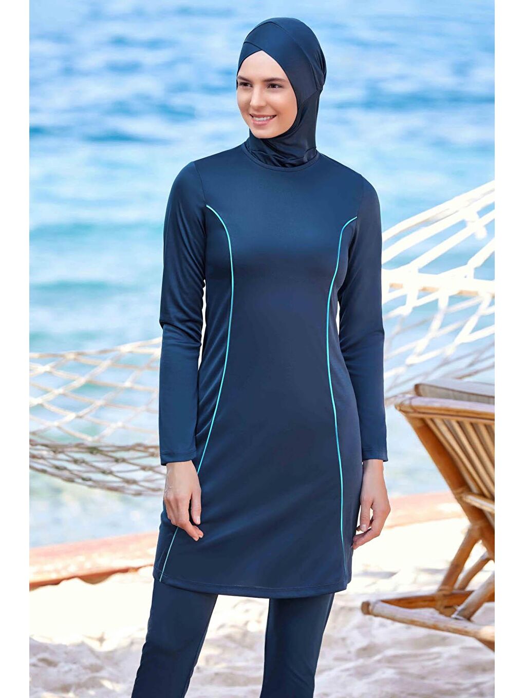 Elastanlı Tam Kapalı Tesettür Mayo Rozzr 9021 Açık Lacivert