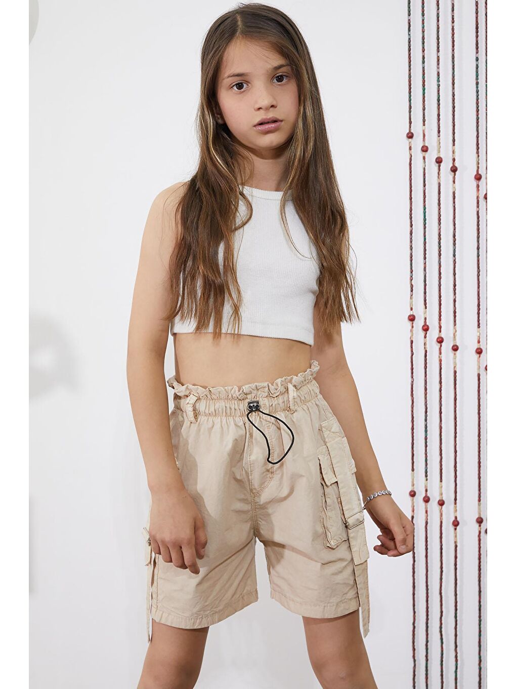 Bej Kargo Cepli Beli Lastikli Kız Paraşüt Şort 18858-4