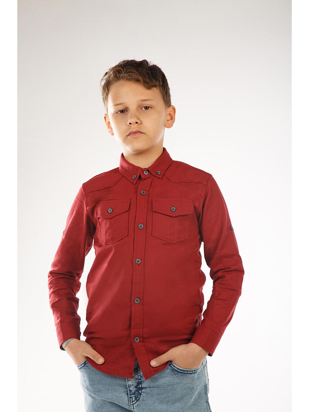 Bordo Uzun Katlama Kollu Erkek Çocuk Gömlek-1