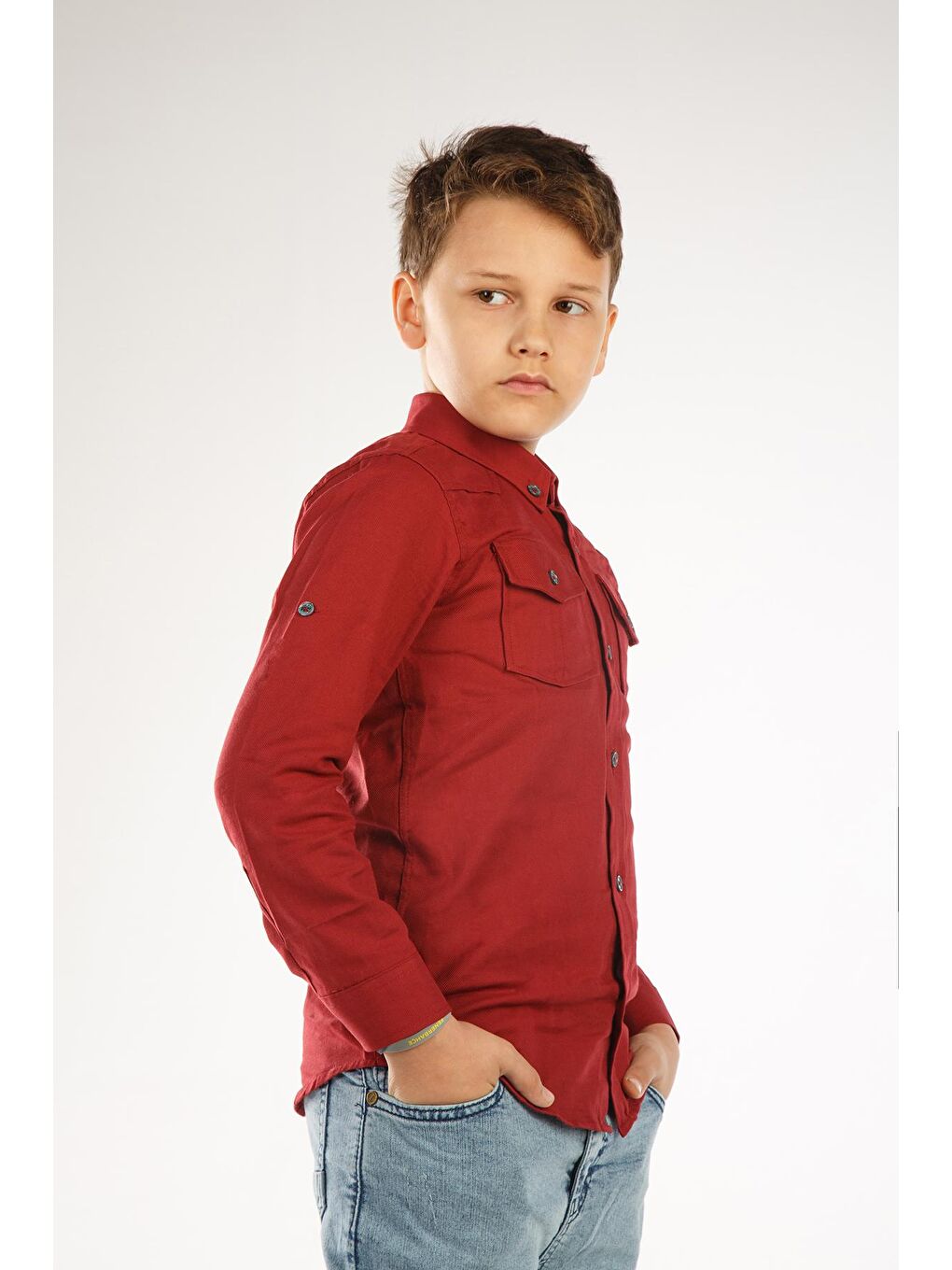 Bordo Uzun Katlama Kollu Erkek Çocuk Gömlek-4