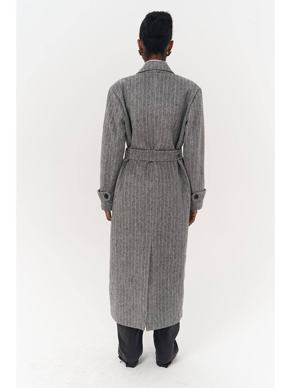 Gri Darrel Kemerli Çizgili Füme Uzun Kaban-3
