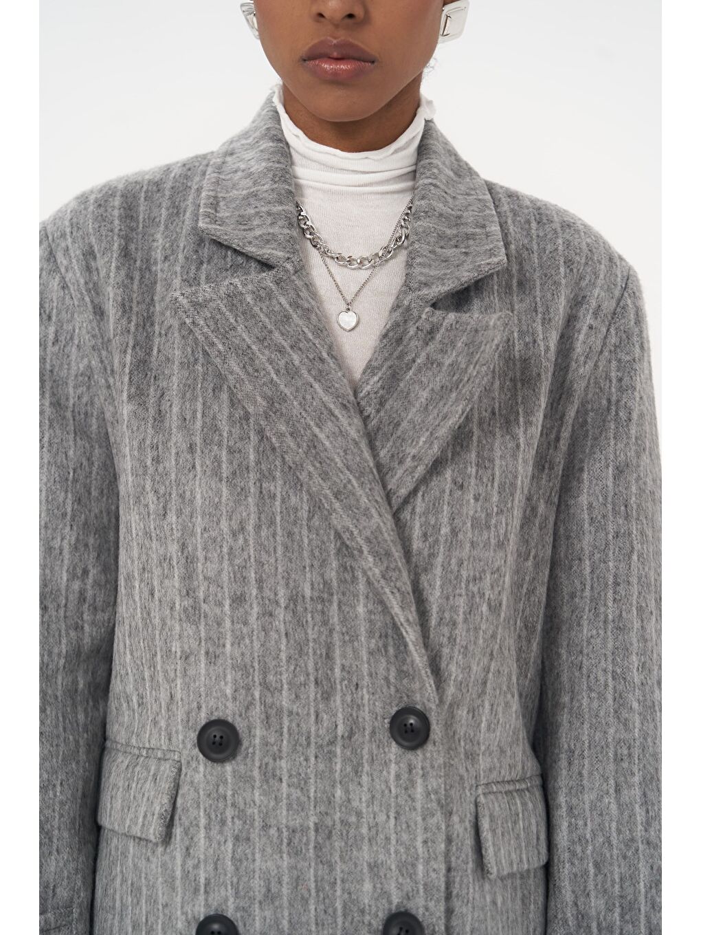 Gri Darrel Kemerli Çizgili Füme Uzun Kaban-4