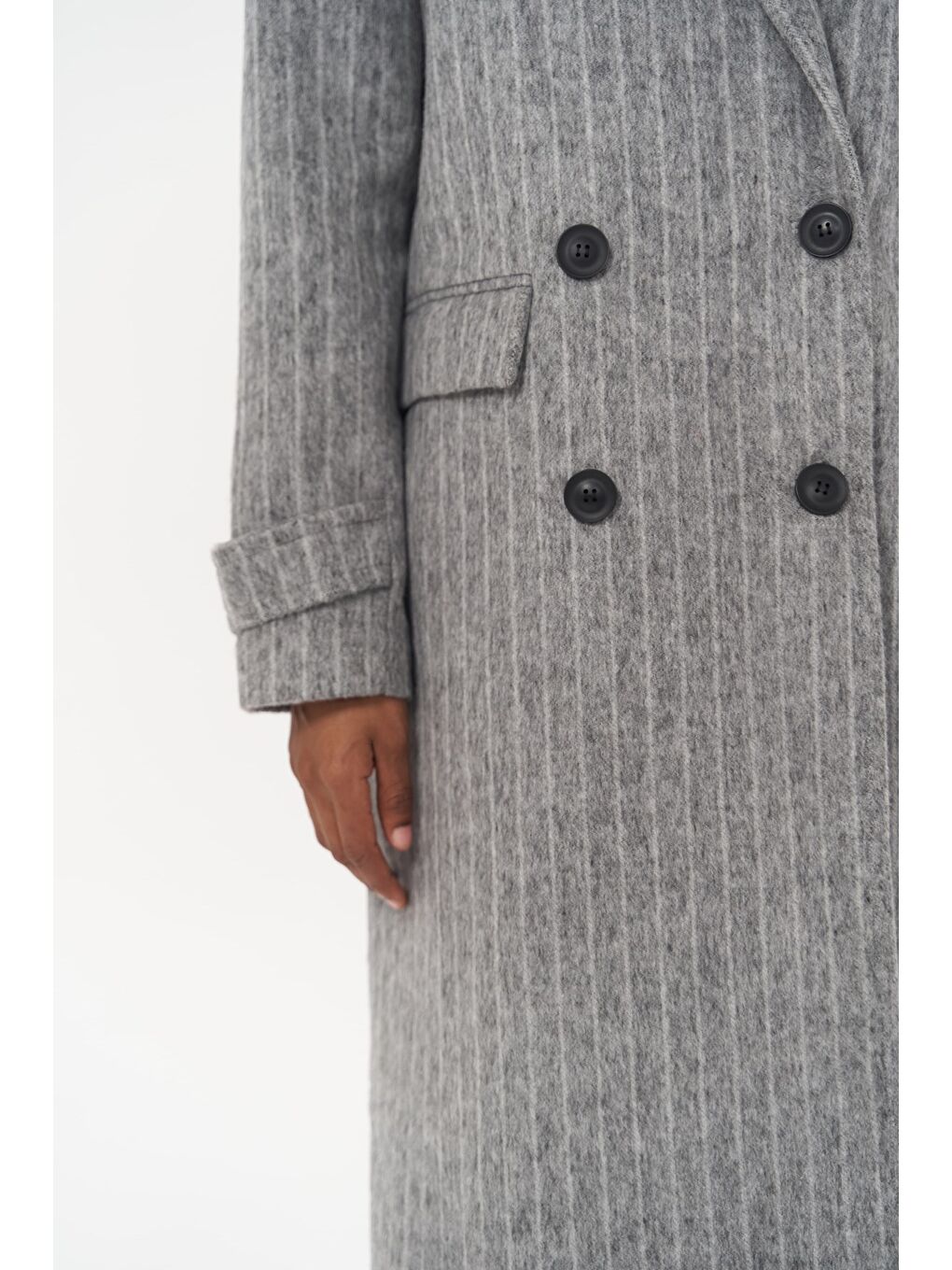 Gri Darrel Kemerli Çizgili Füme Uzun Kaban-5