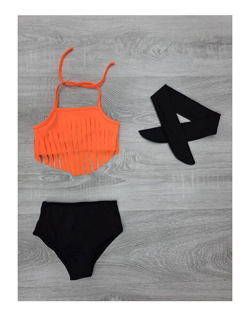 Turuncu Bandanalı Fırfır Detaylı Yüksek Bel Kız Çocuk Mayo Takımı