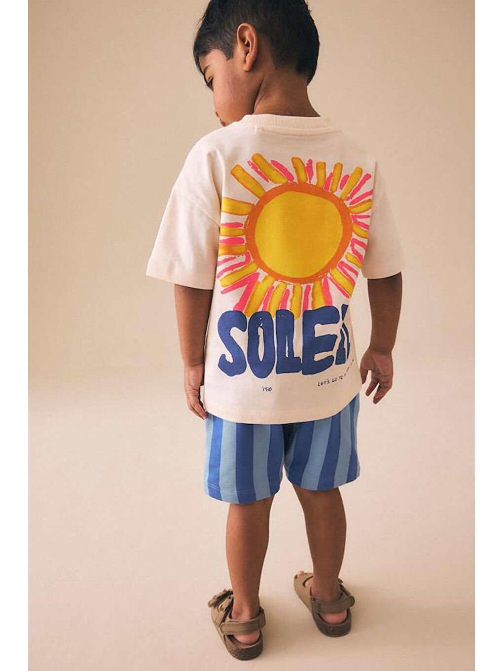 Bej Erkek Çocuk Pamuklu Bisiklet Yaka Baskılı T-Shirt Ve Şort Alt Üst Takım-1