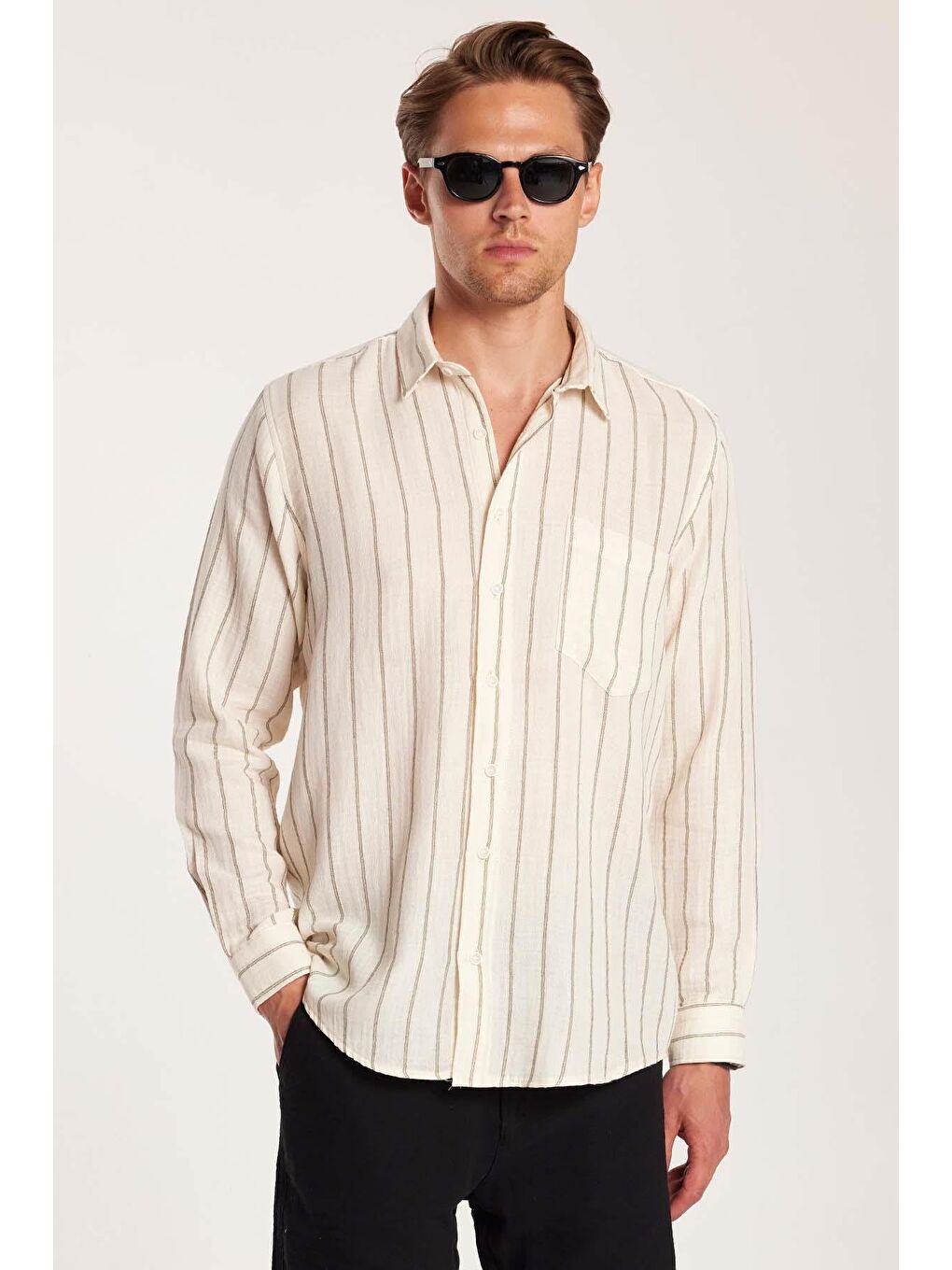 Karışık Regular Fit Keten Görünüm Pamuklu Çizgili Dökümlü Rahat Cepli Spor Gömlek-1