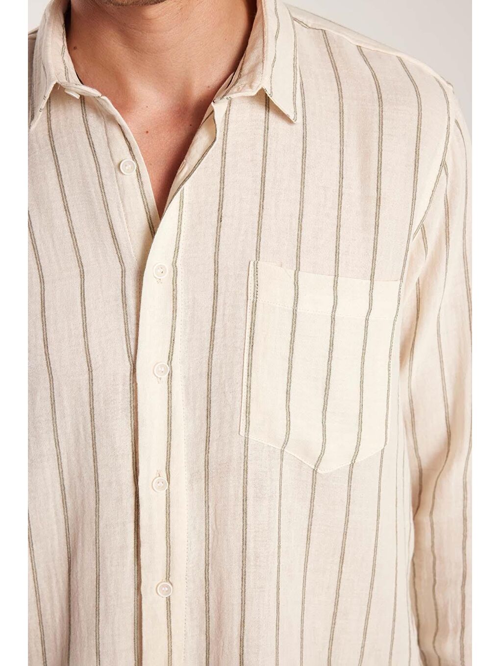 Karışık Regular Fit Keten Görünüm Pamuklu Çizgili Dökümlü Rahat Cepli Spor Gömlek-2