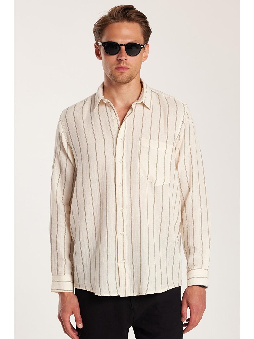 Karışık Regular Fit Keten Görünüm Pamuklu Çizgili Dökümlü Rahat Cepli Spor Gömlek-3