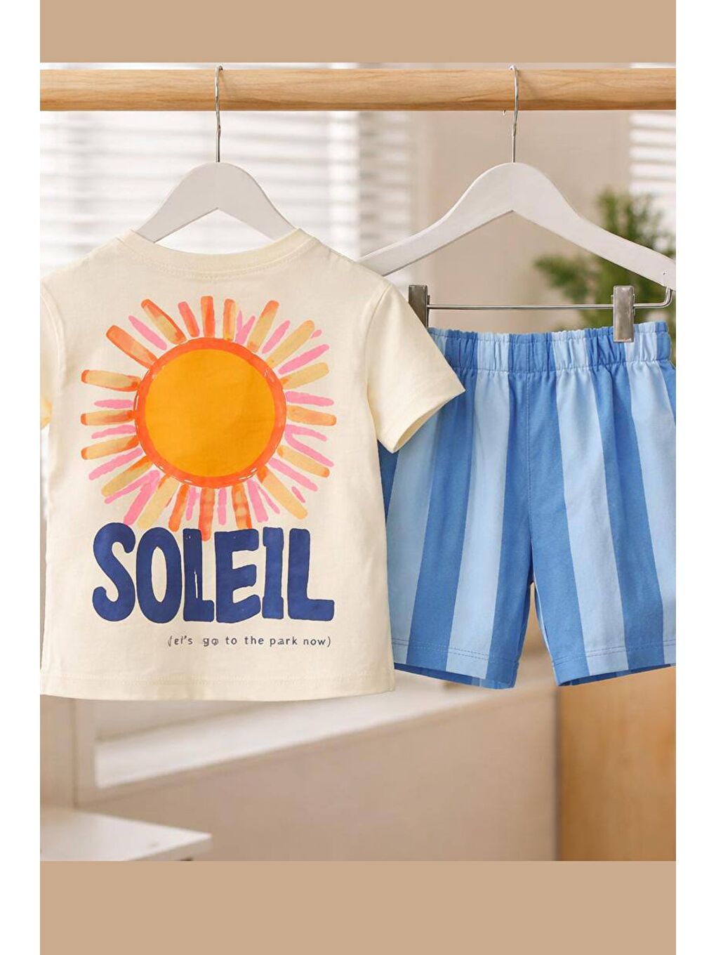 Bej Erkek Çocuk Pamuklu Bisiklet Yaka Baskılı T-Shirt Ve Şort Alt Üst Takım-2