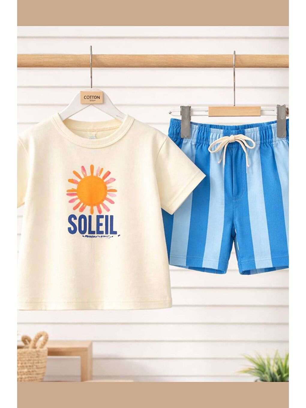 Bej Erkek Çocuk Pamuklu Bisiklet Yaka Baskılı T-Shirt Ve Şort Alt Üst Takım-3