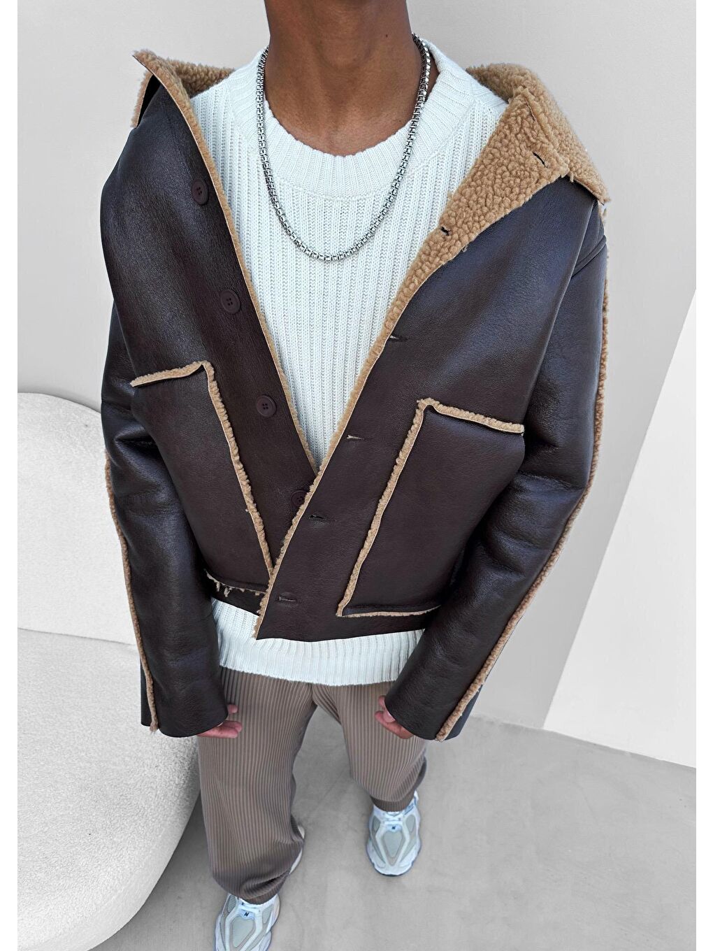 Erkek Deri Pelüş Ceket Kahverengi