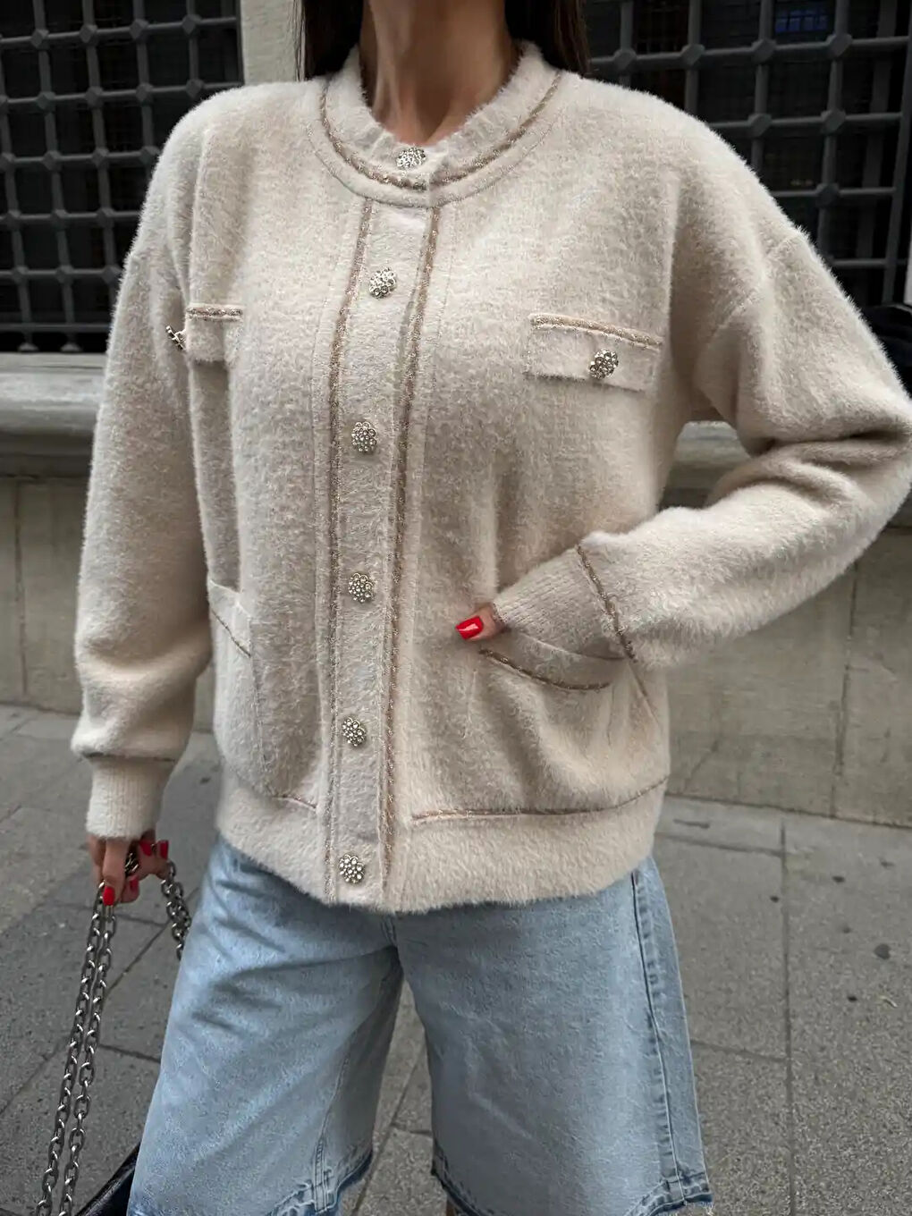 Ekru Düğme Ve Biye Detaylı Çift Cepli Triko Bluz Hırka-1