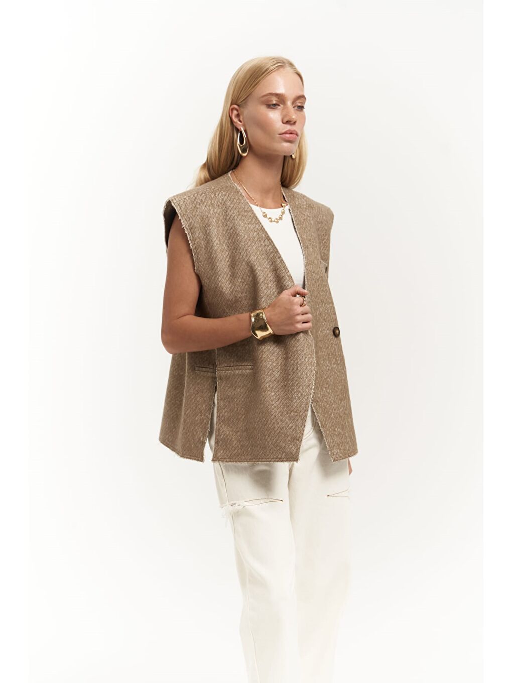 Sarı Faven Hardal Yan Yırtmaç Detay Yelek-1