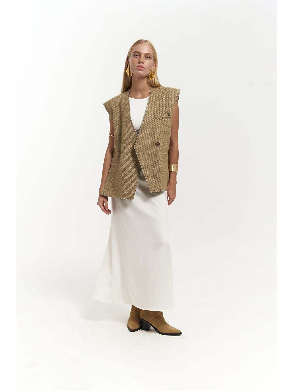 Sarı Faven Hardal Yan Yırtmaç Detay Yelek-2