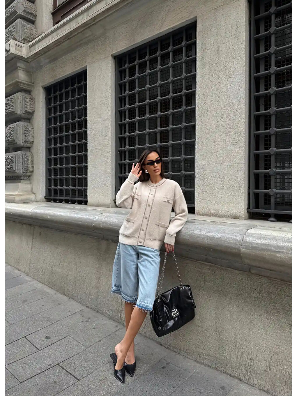 Ekru Düğme Ve Biye Detaylı Çift Cepli Triko Bluz Hırka-3