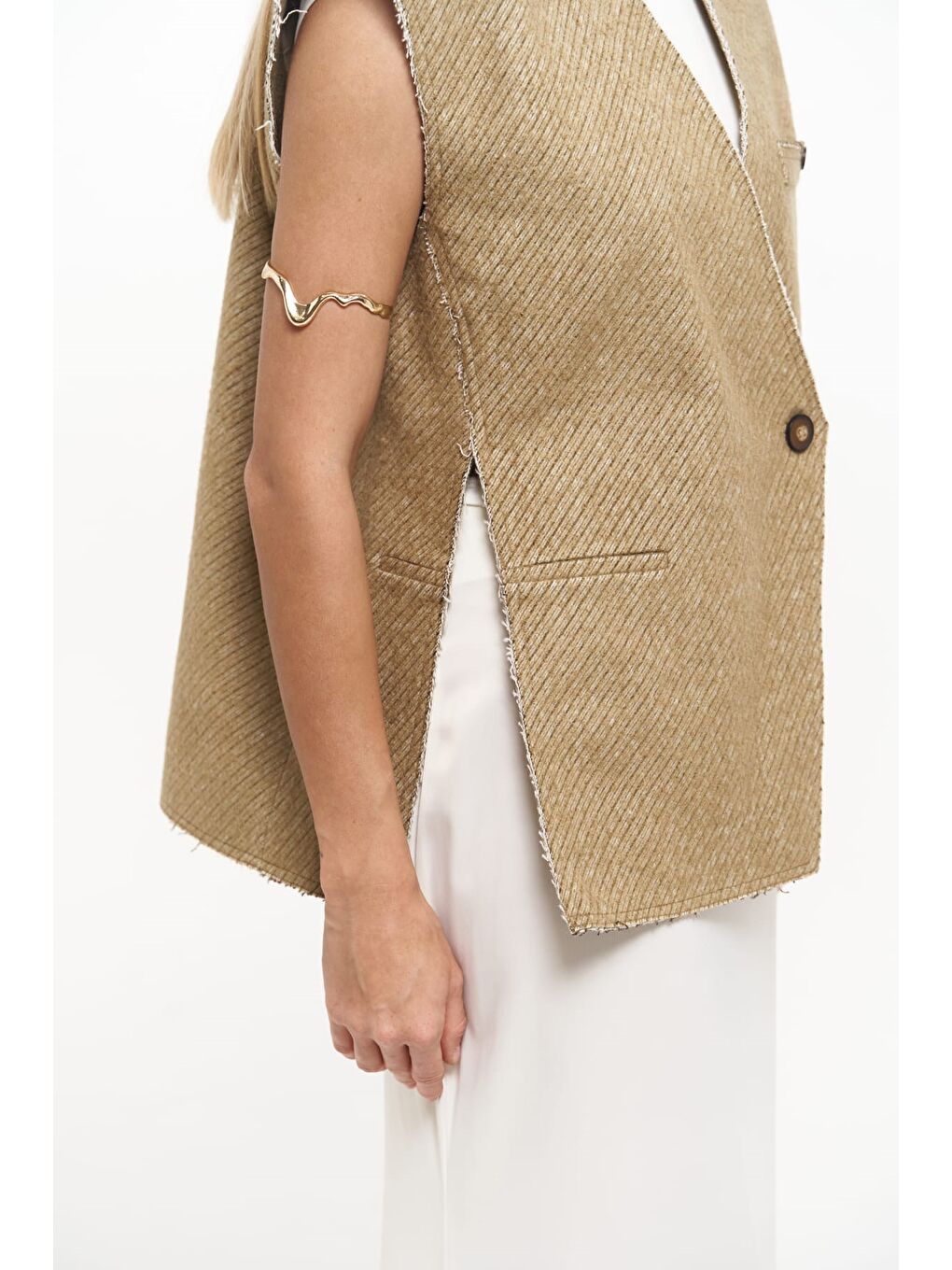 Sarı Faven Hardal Yan Yırtmaç Detay Yelek-5