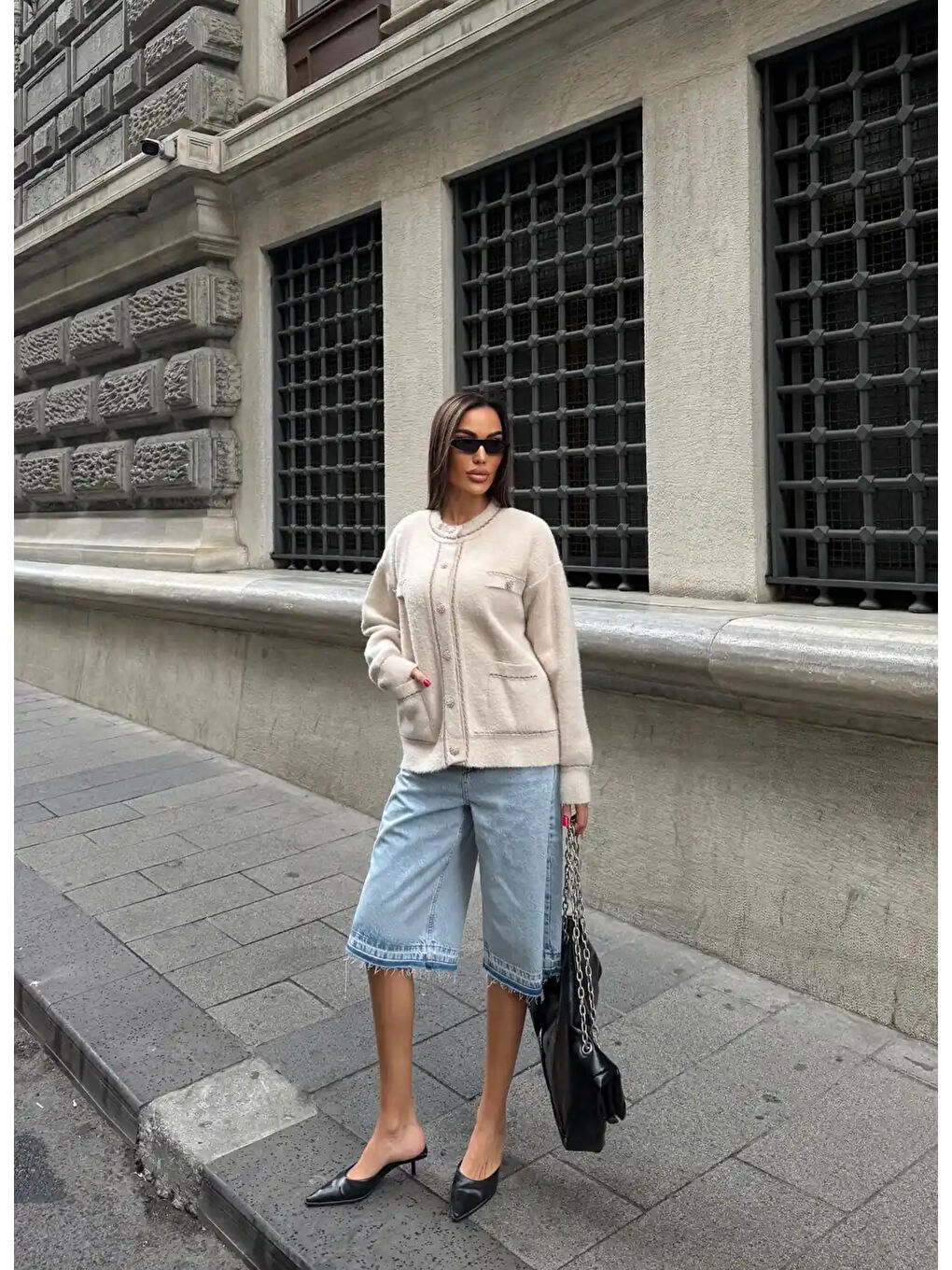 Ekru Düğme Ve Biye Detaylı Çift Cepli Triko Bluz Hırka-4