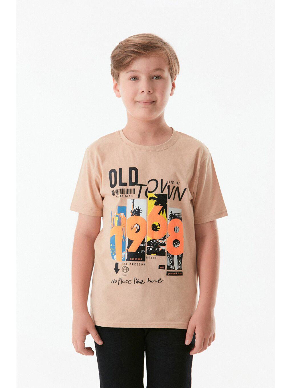 Bej Baskılı Bisiklet Yaka Erkek Çocuk Tişört