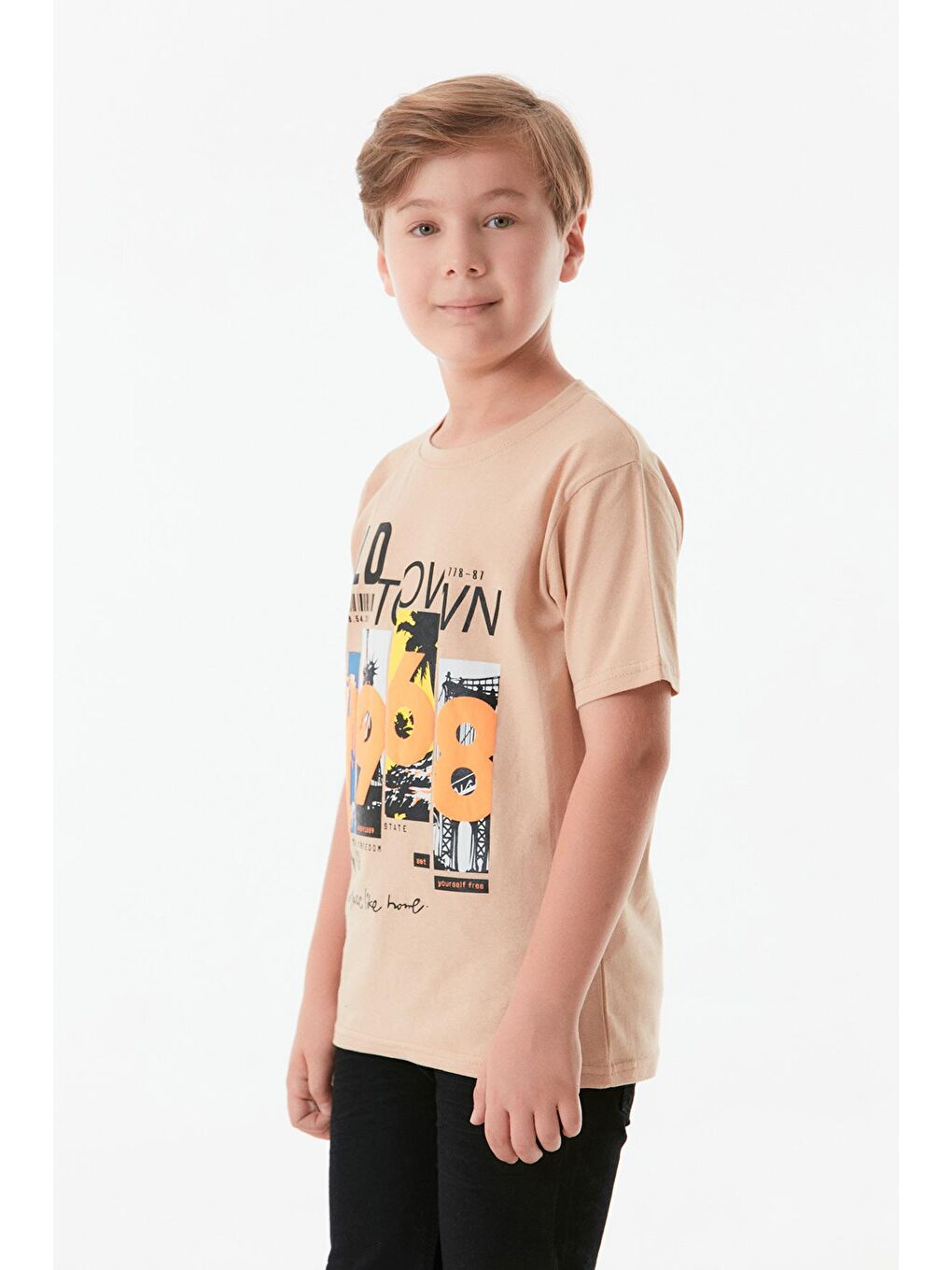 Bej Baskılı Bisiklet Yaka Erkek Çocuk Tişört-1