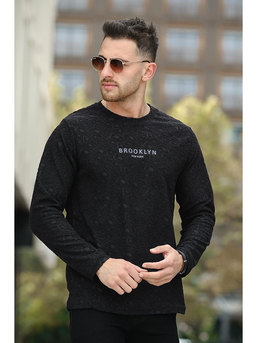 Siyah Lyn Baskılı Havlu Desen Slim Fit Elastanlı Sıfır Yaka Erkek Sweatshirt