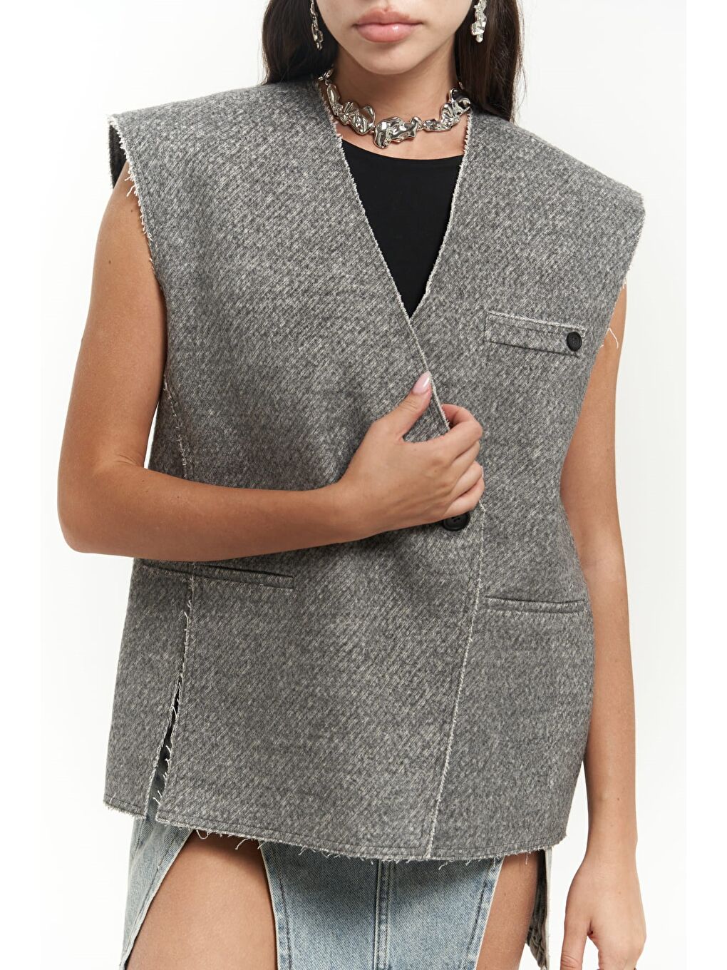 Faven Gri Yan Yırtmaç Detay Yelek-4