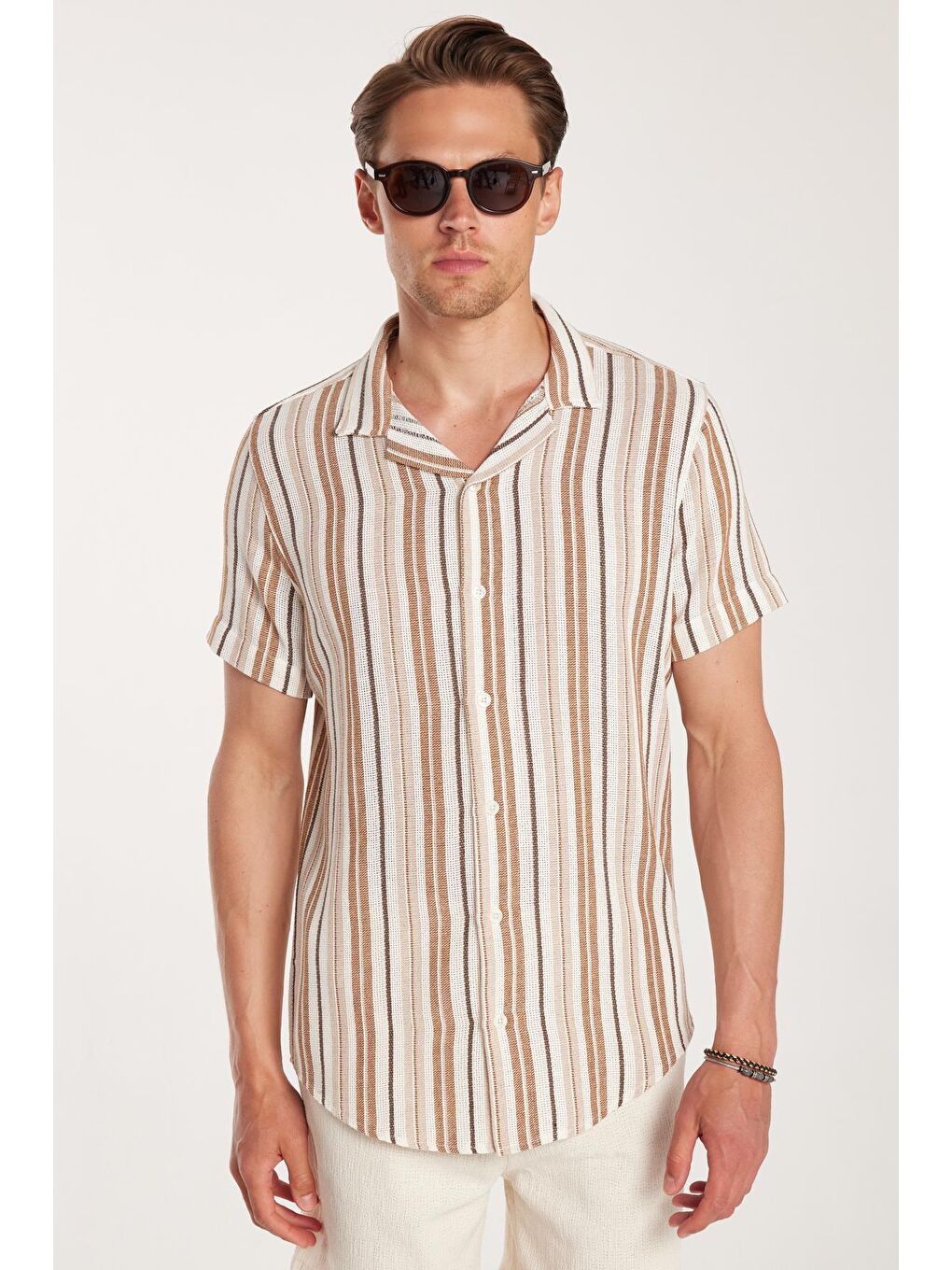 Karışık Erkek Slim Fit Dar Kesim Pamuklu Rahat Kullanım Çizgili Kısa Kollu Apaş Yaka Gömlek-3