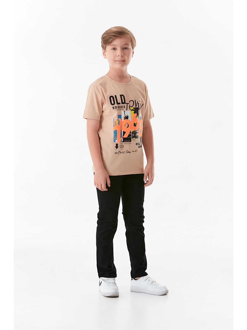 Bej Baskılı Bisiklet Yaka Erkek Çocuk Tişört-2