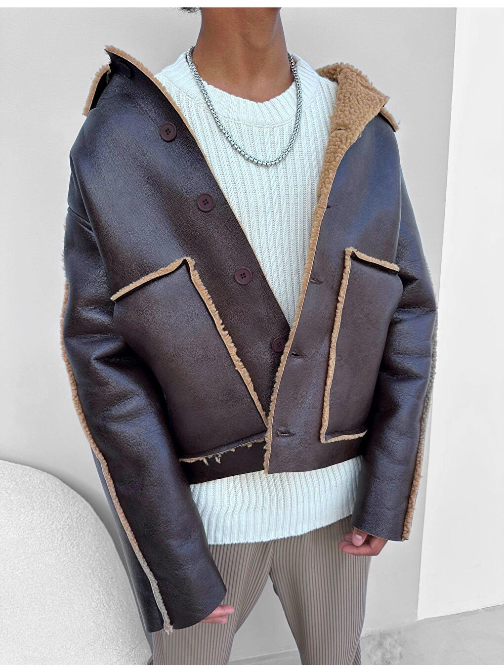 Erkek Deri Pelüş Ceket Kahverengi-1