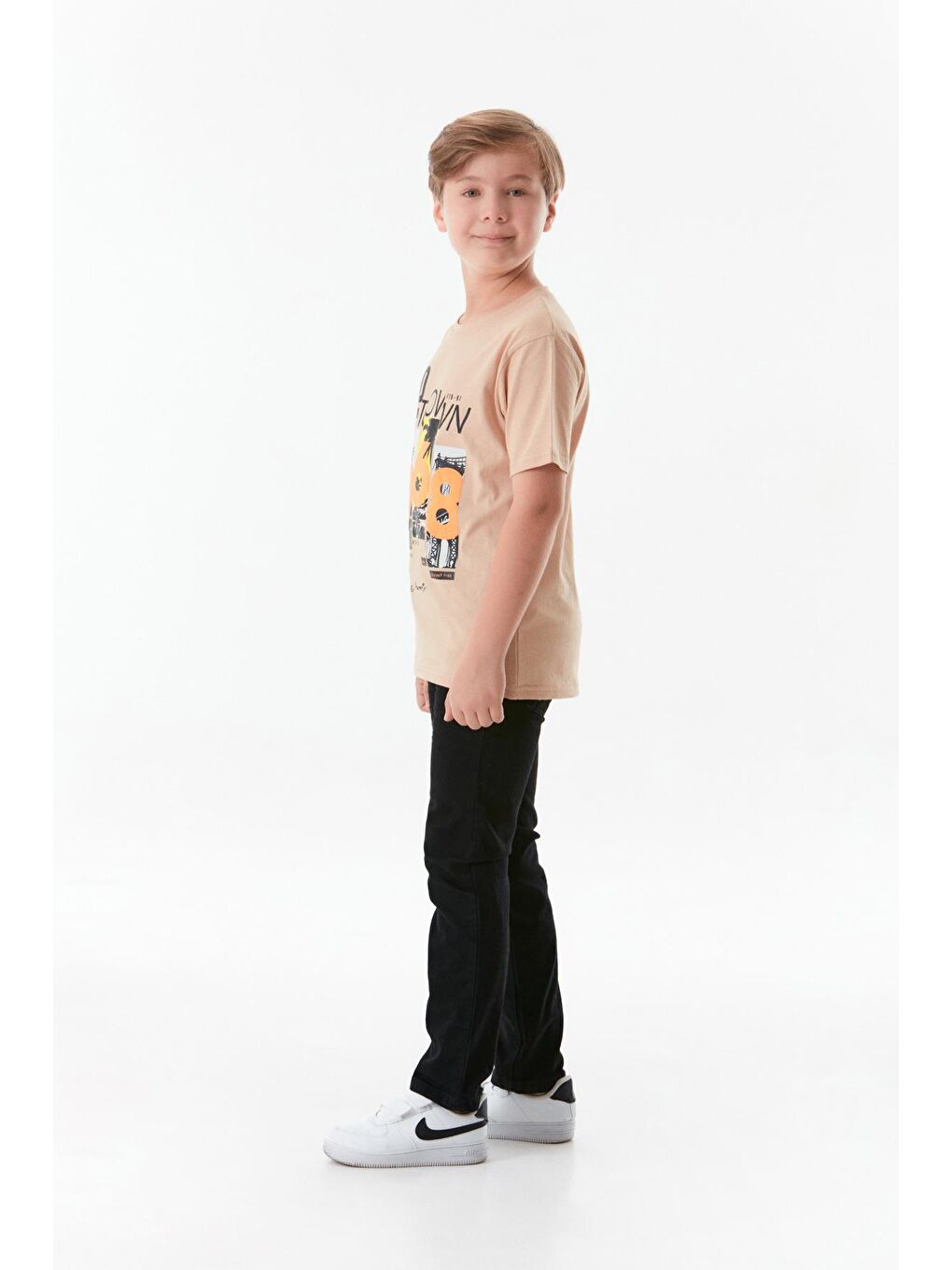 Bej Baskılı Bisiklet Yaka Erkek Çocuk Tişört-4