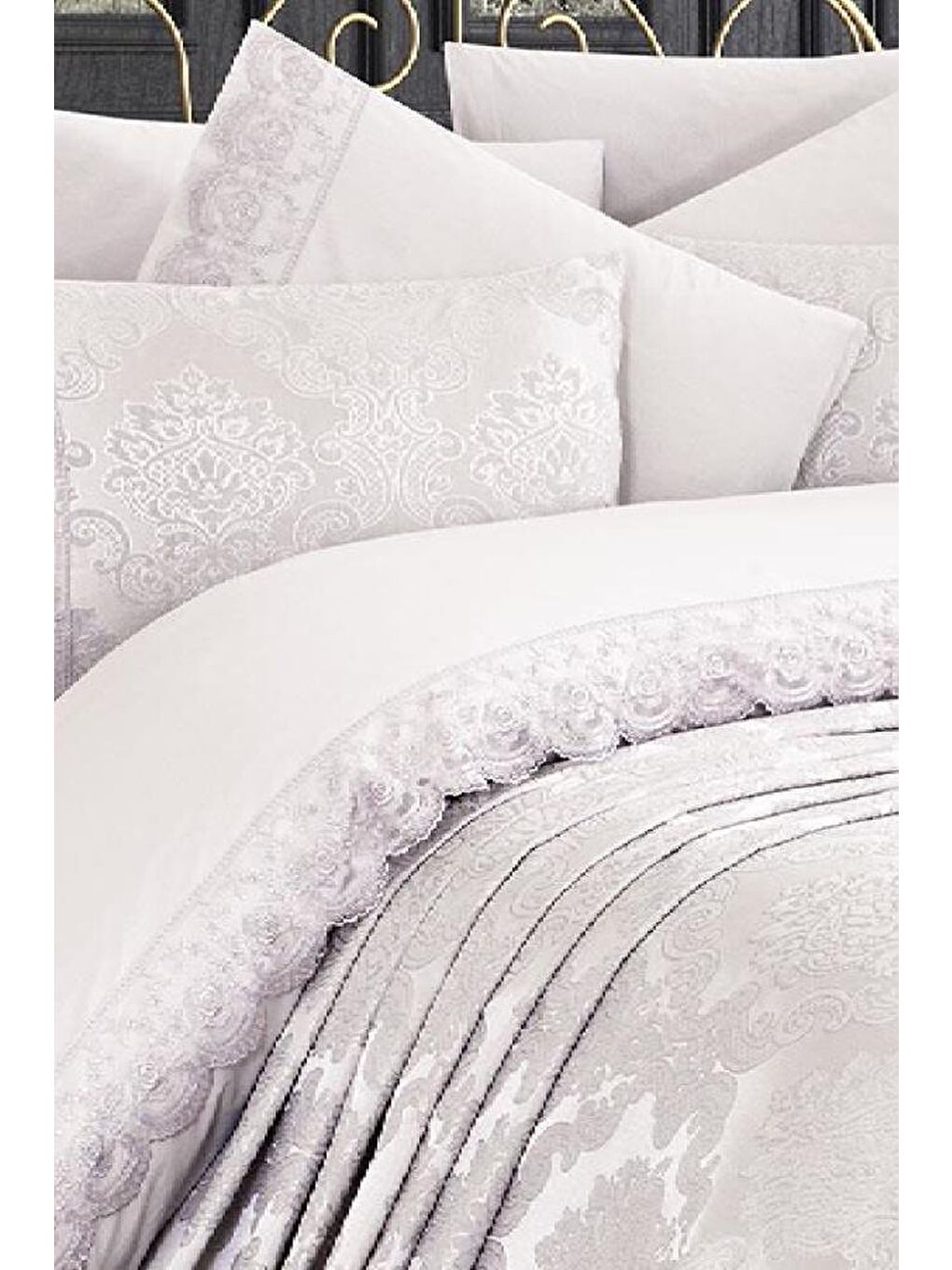 Ekru Fransız Dantelli Kure Gelin Seti 7 Parça Krem-2