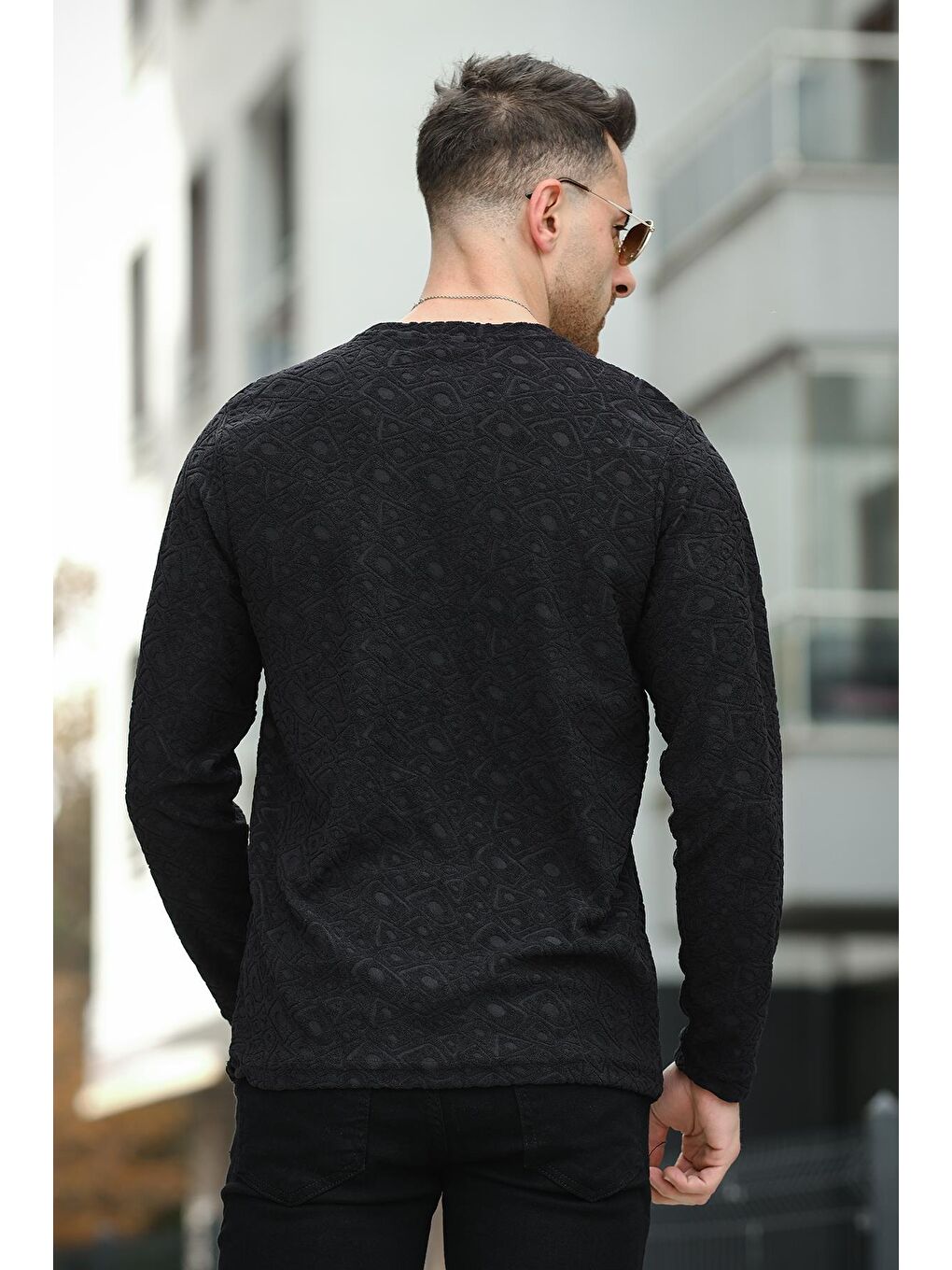 Siyah Lyn Baskılı Havlu Desen Slim Fit Elastanlı Sıfır Yaka Erkek Sweatshirt-3