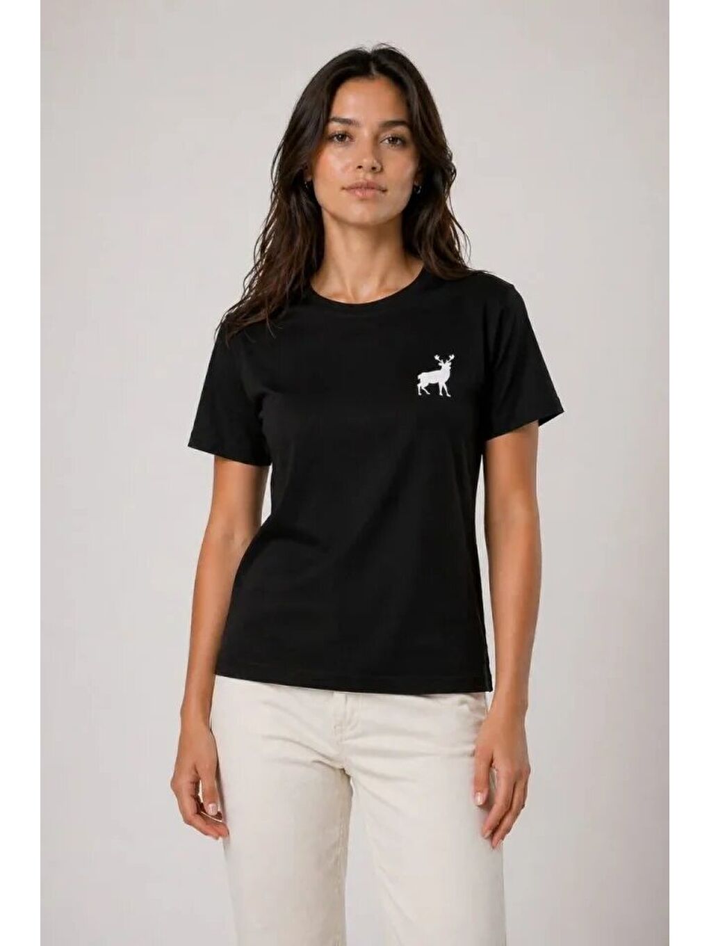Minimal Geyik Logolu Tişört Bisiklet Yaka Kısa Kol Yazlık T-Shirt - Siyah-2